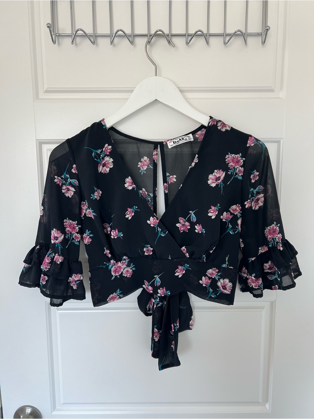 bekka // Pre-loved Women's Sheer Black Floral Wrap Crop Top
